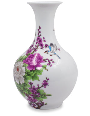 [product type] | Oriental Blue and White, Famille Rose Porcelain Flower Vase, 9 inch Vase | Dahlia