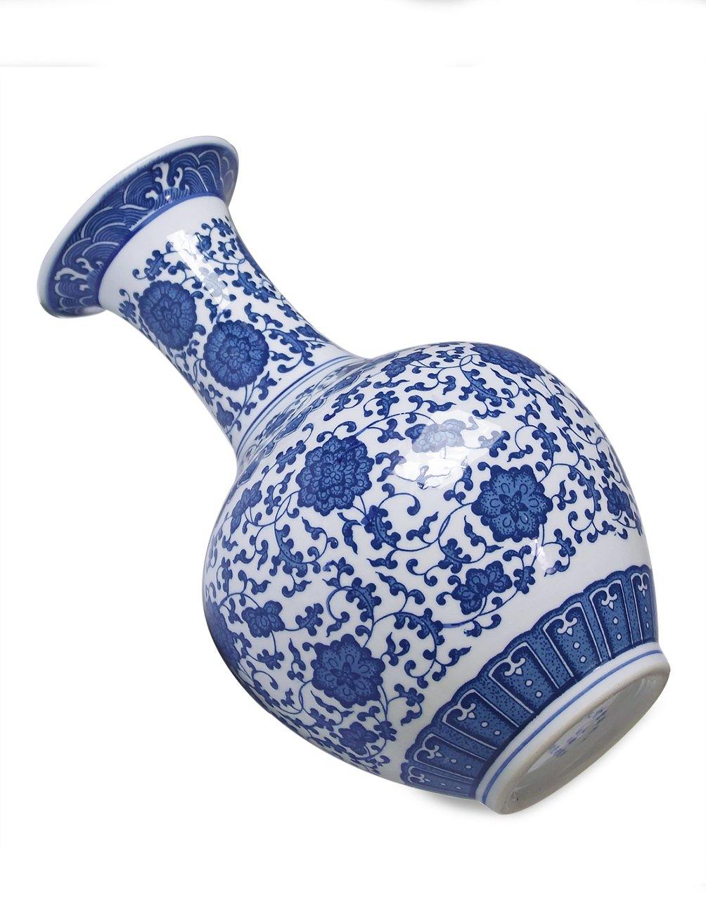 Ancient Lotus Motif Blue and White Porcelain Vase, 13 Inches
