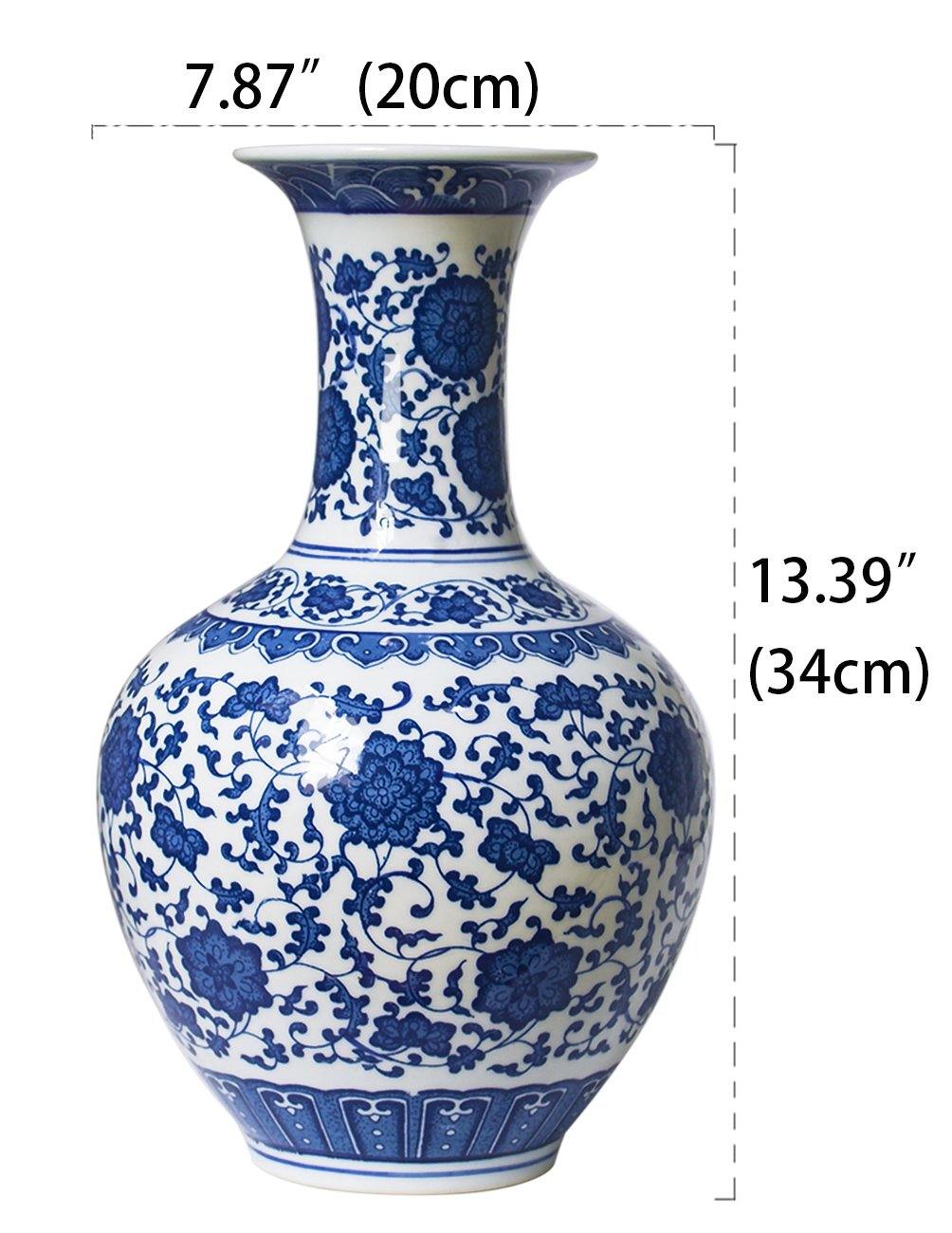 Ancient Lotus Motif Blue and White Porcelain Vase, 13 Inches