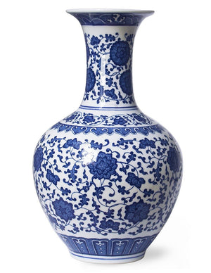 [product type] | Ancient Lucky Lotus Motif Blue and White Porcelain Flower Vase | Dahlia