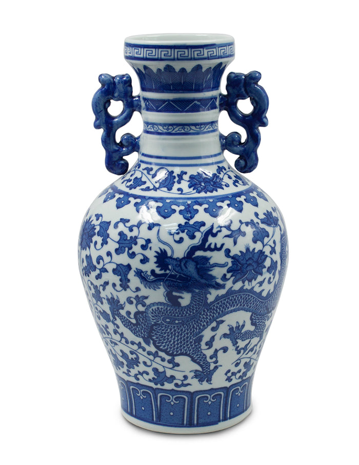Dahlia Chinese Dragon Blue and White Porcelain Flower Vase Binaural Vase