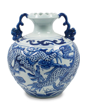 [product type] | Dahlia Chinese Dragon Blue and White Porcelain Flower Vase Binaural Vase | Dahlia