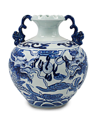 [product type] | Dahlia Chinese Dragon Blue and White Porcelain Flower Vase Binaural Vase | Dahlia