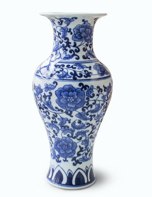 [product type] | Ancient Lotus Motif Blue White Porcelain Flower Vase | Dahlia