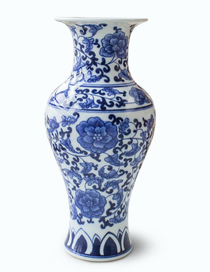 Ancient Lotus Motif Blue White Porcelain Flower Vase