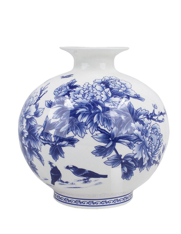 Birds in Peony Bush Blue and White Bone China Flower Vase