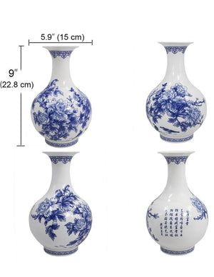 [product type] | Birds in Peony Bush Blue and White Bone China Flower Vase | Dahlia