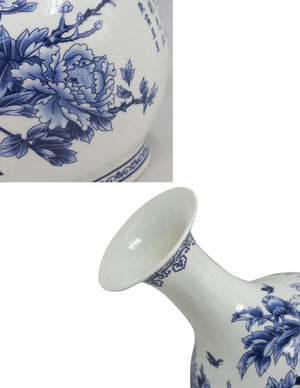 [product type] | Birds in Peony Bush Blue and White Bone China Flower Vase | Dahlia