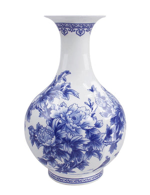 [product type] | Birds in Peony Bush Blue and White Bone China Flower Vase | Dahlia